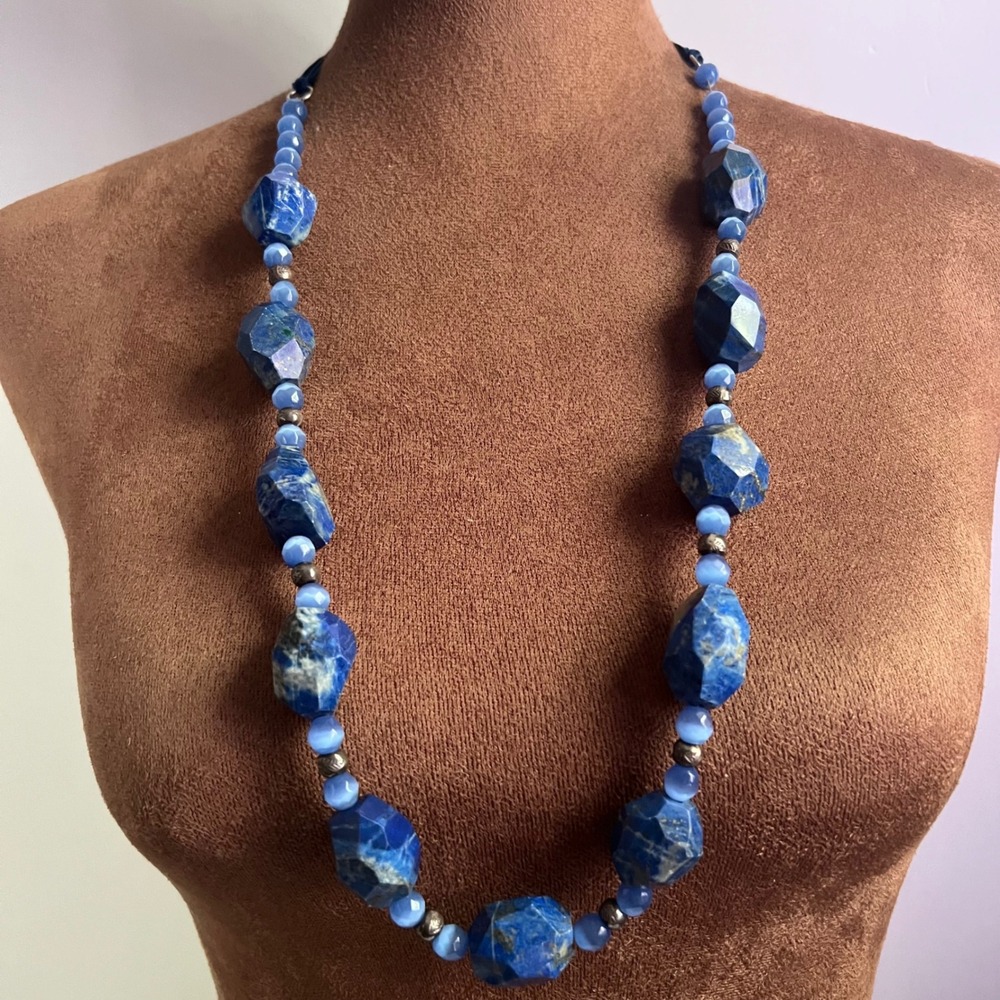 Blue Stone Beaded Ribbon Tie Statement Necklace 39" Whimsigoth